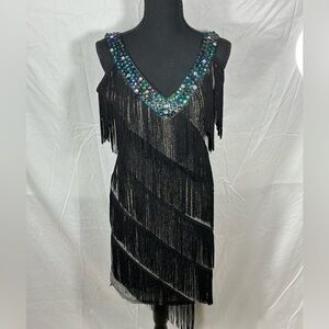 Kayamiya Black Silver Flapper Dress Size Small.Beaded and Sequins Gown.